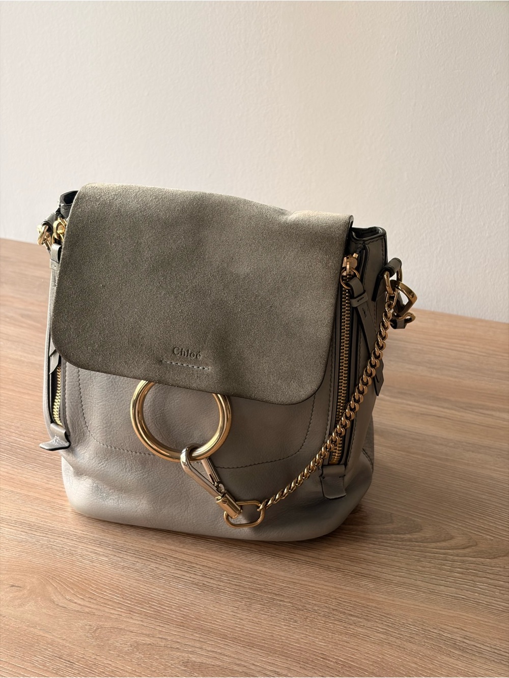 Chloé Grey Leather & Suede Crossbody with Gold Hardware
